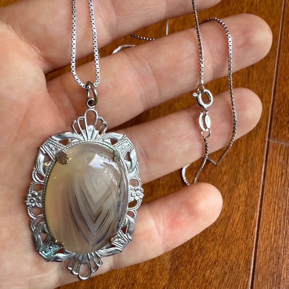 Sterling Silver 925 Milor Italy Chain Necklace Stone & Filigree Pendant 24” Art - Picture 1 of 10